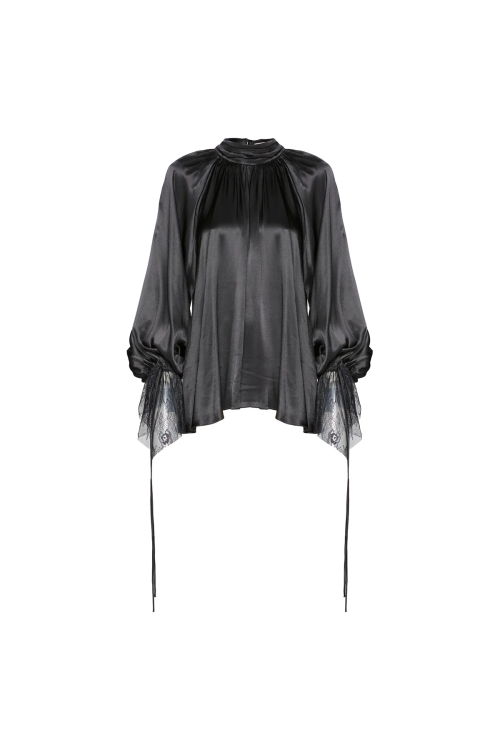 BLUSA GOLA ALTA DRAPEADA CETIM PRETO PUNHO RENDA TIG