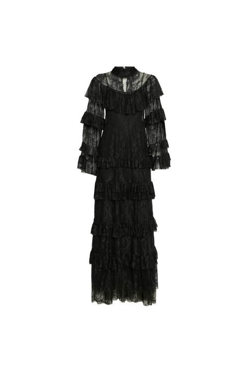 VESTIDO LONGO GOLA ALTA BABADOS RENDA PRETO TIG