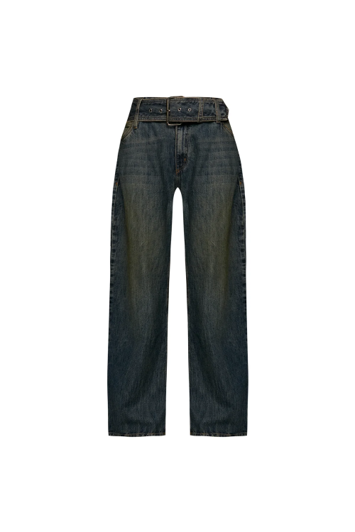 CALCA JEANS AMARELADA PERNA LARGA CINTO AZUL TIG