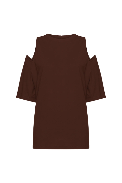 CAMISETA ABERTURA OMBRO MALHA MARROM TIG