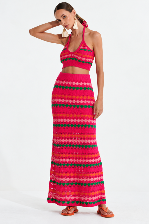 CONJUNTO TOP + SAIA TRICO EM DETLAHES DE CROCHE ROSA EST. L'CECCI