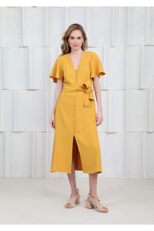 VESTIDO CREPE NICE RECORTES BOTOES MOSTARDA FILLITY