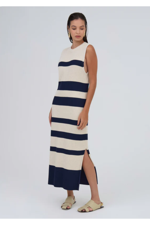 VESTIDO MAXI MIDI LISTRADO EM TRICOT MEIA NOITE VIVIANE FURRIER
