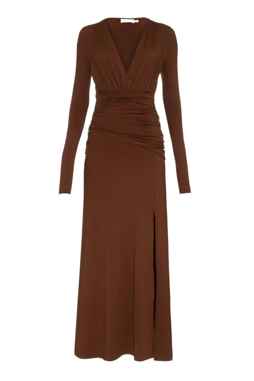 VESTIDO SORLEY LONGO COM FENDA MARROM LALIBELA