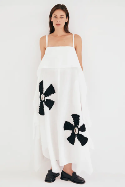 VESTIDO DE LINHO BORDADO FLOR ILHOS BRANCO COVEN
