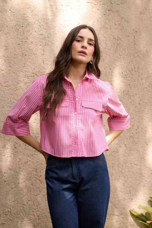 CAMISA CATALINA LISTRA FLOR ROSA BIANZA