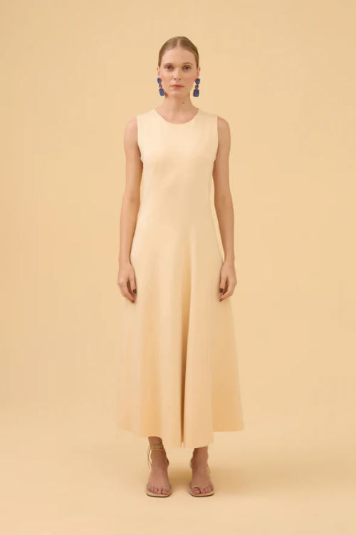 VESTIDO MIDI EVASE DETALHE BEGE CHAMPAGNE VIVIANE FURRIER