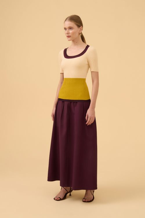 BLUSA MANGA CURTA TRICOLOR EM TRICOT AMEIXA/BEGE VIVIANE FURRIER