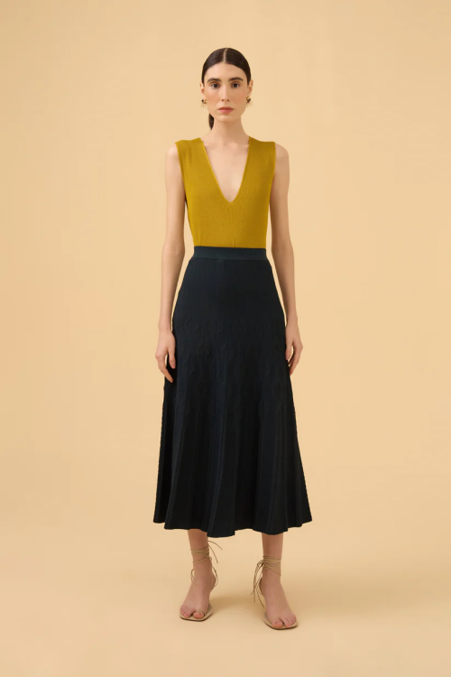 SAIA MIDI EVASE JACQUARD EM TRICOT VERDE ESCURO VIVIANE ESCURO