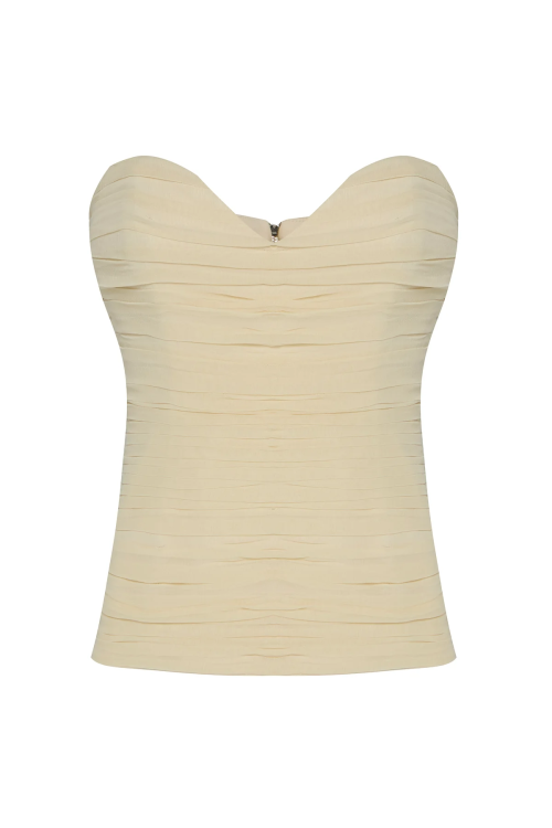 TOP TOMARA QUE CAIA DRAPEADO CHIFFON MANTEIGA TIG