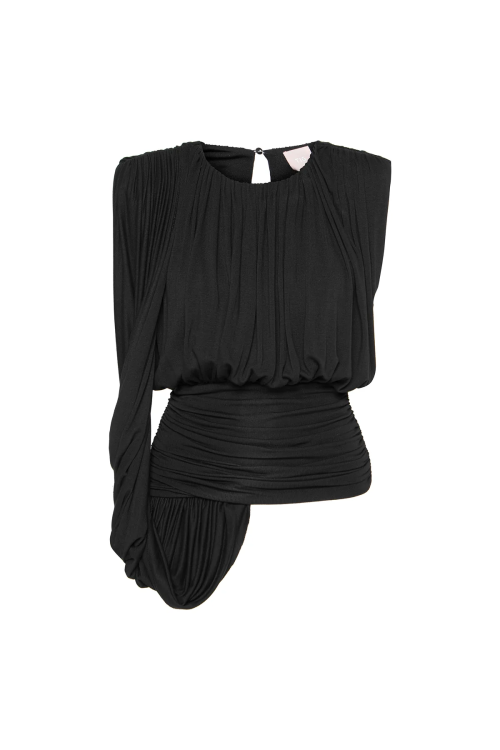 BLUSA PALA E CORPO DRAPEADO FAIXA LATERAL MALHA PRETO TIG