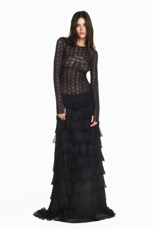 SAIA LONGA BABADOS CHIFFON PRETO TIG