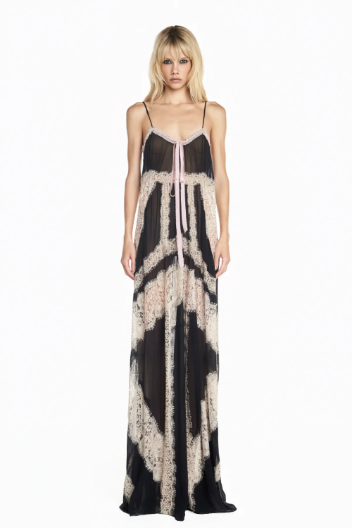 VESTIDO LONGO ALCA CHIFFON PRETO COM RENDA BEGE TIG