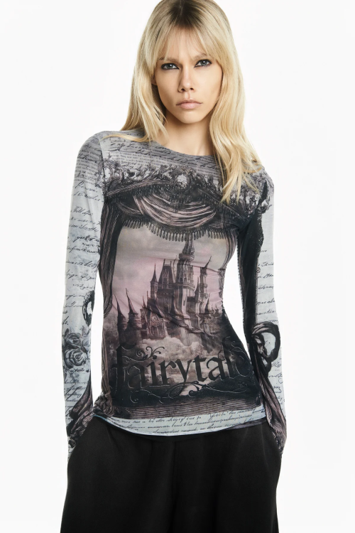 BLUSA MANGA LONGA TULE CASTELO ESTAMPA TIG