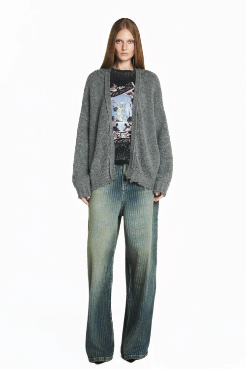 CALCA JEANS PERNA AMPLA RISCA DE GIZ TIG