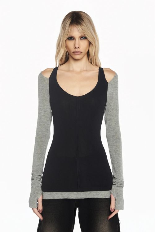 BLUSA MANGA LONGA BICOLOR MALHA PRETO/CINZA - TIG