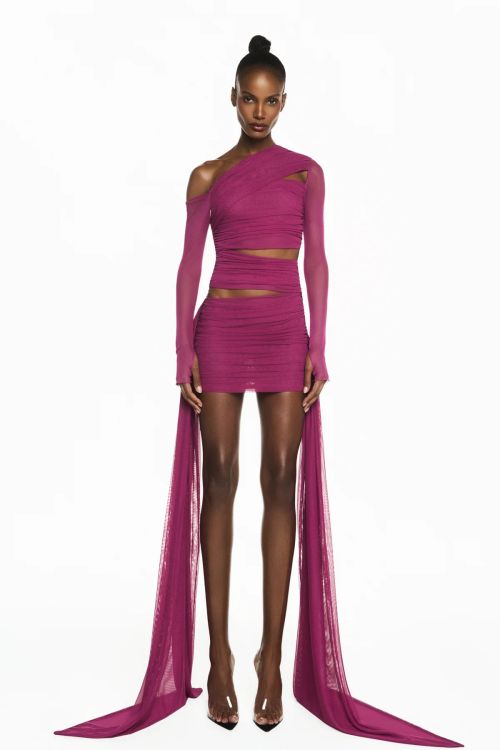 VESTIDO CURTO TRANSPASSES MANGA LONGA FUSCIA TIG