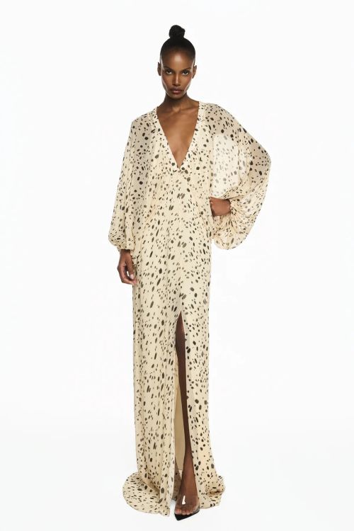 VESTIDO LONGO MANGA RAGLAN DESCOTE V CHIFFON DALMATA TIG