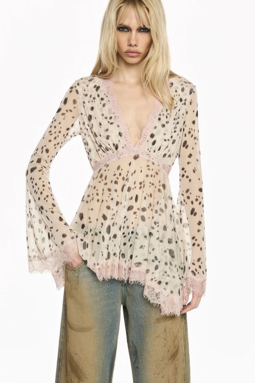 BLUSA MANGA LONGA DECOTE V BUSTO DRAPEADO TULE DALMATA TIG