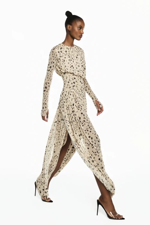VESTIDO LONGO MANGA LONGA SAIA TORCIDA DALMATA TIG