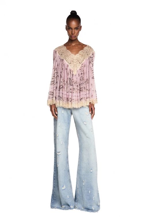 BLUSA AMPLA MANGA LONGA RENDA BEGE ROSA - TIG
