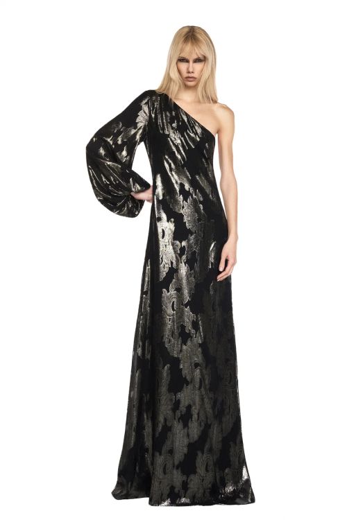 VESTIDO LONGO UM OMBRO MANGA LONGA JACQUARD LUREX PRETO - TIG