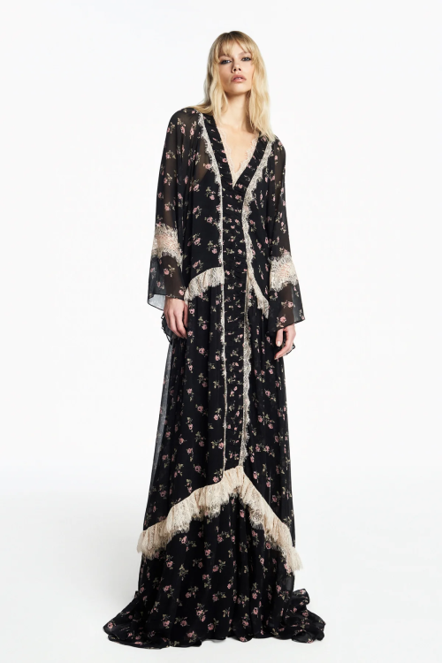 VESTIDO LONGO DECOTE V MANGA LONGA  CHIFFON FLORAL TIG