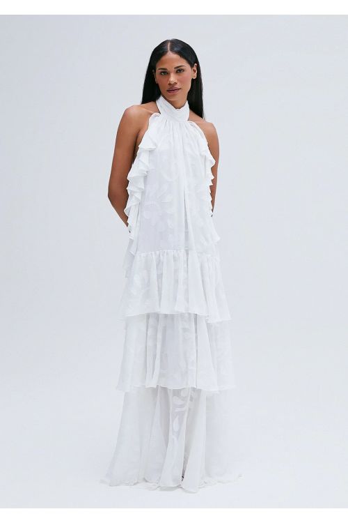 VESTIDO LONGO FRENTE UNICA BABADOS OFFWHITE TIG