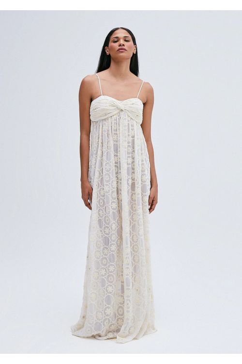 VESTIDO LONGO PEITO DRAPEADO BORDADO OFFWHITE TIG