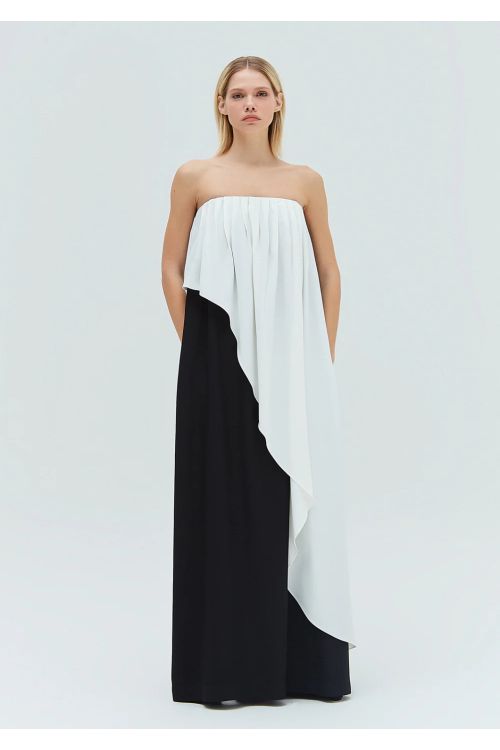 VESTIDO LONGO ALCA CREPE PATOU PRETO E OFFWHITE TIG