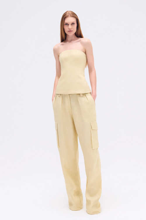 CALCA CARGO PREGAS LINHO AMARELO CLARO TIG