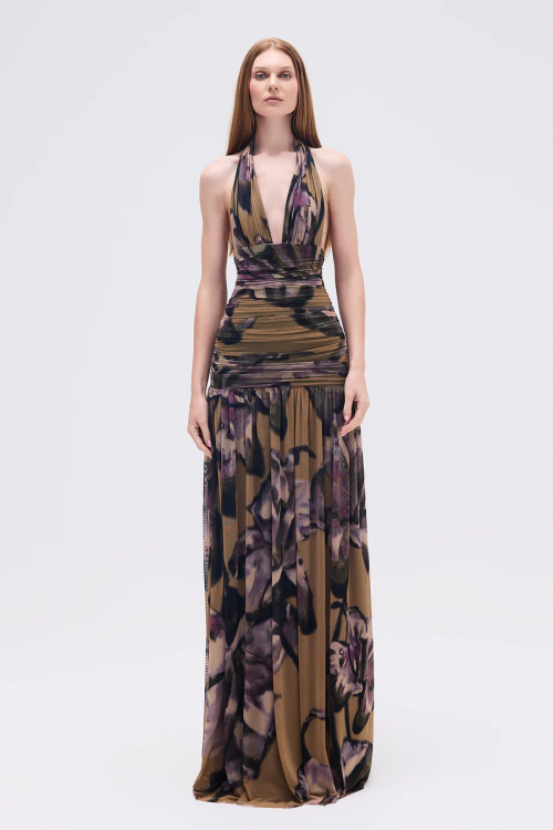 VESTIDO LONGO FRENTE UNICA DRAEADO TULE FLORAL TIG
