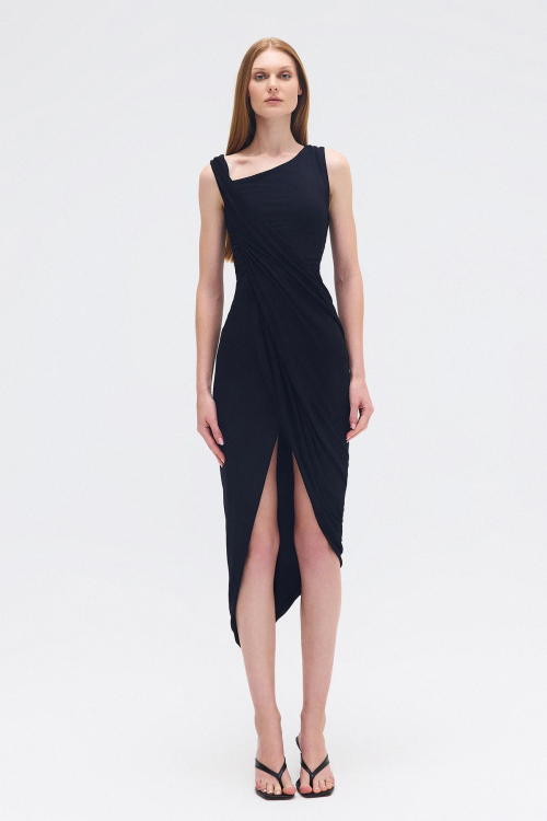 VESTIDO MIDI ASSIMETRICO TORCIDO MALHA PRETO TIG