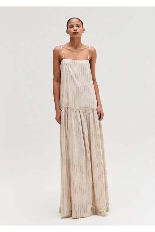 VESTIDO LONGO ALCA LINHO MISTTO RISCA DE RIZ BEGE TIG