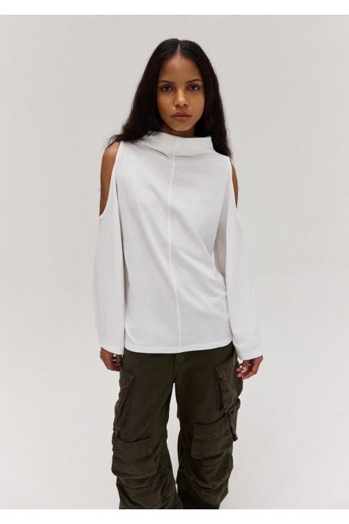 BLUSA AMPLA GOLA ALTA ABERTURA OMBRO MALHA OFFWHITE TIG