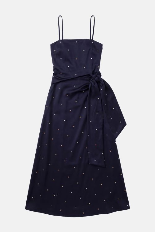 VESTIDO ACETINADO COM POAS METALIZADOS MARINHO COVEN