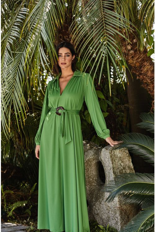 VESTIDO LONGO MANGA LONGA FLUITY LISO COM CINTO VOAR