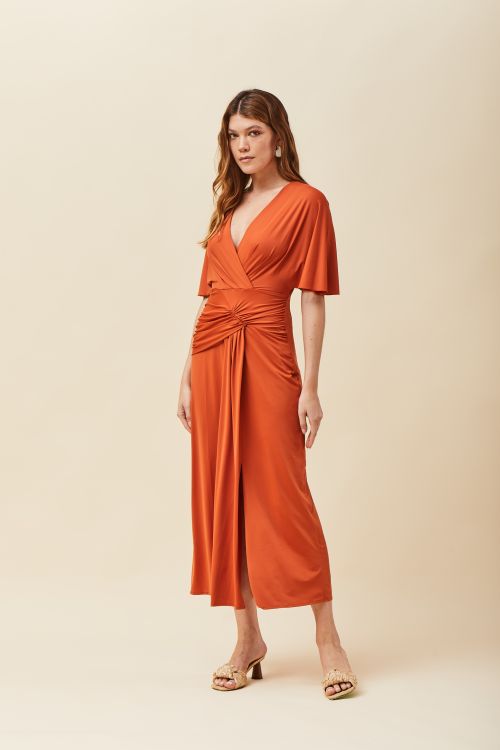 VESTIDO MIDI FLUITY LISO DETALHE EM FRANZIDO VOAR