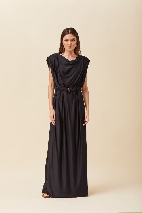 VESTIDO LONGO COM OMBREIRA MALHA ATHENA PRETO VOAR