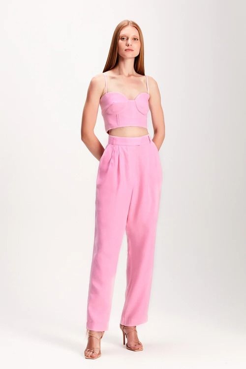 CALCA LINHO PREGAS CINTURA ALTA ROSA TIG