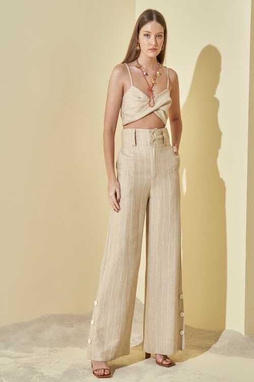 CALCA LINHO LISTRADA BEGE/OFFWHITE L'CECCI