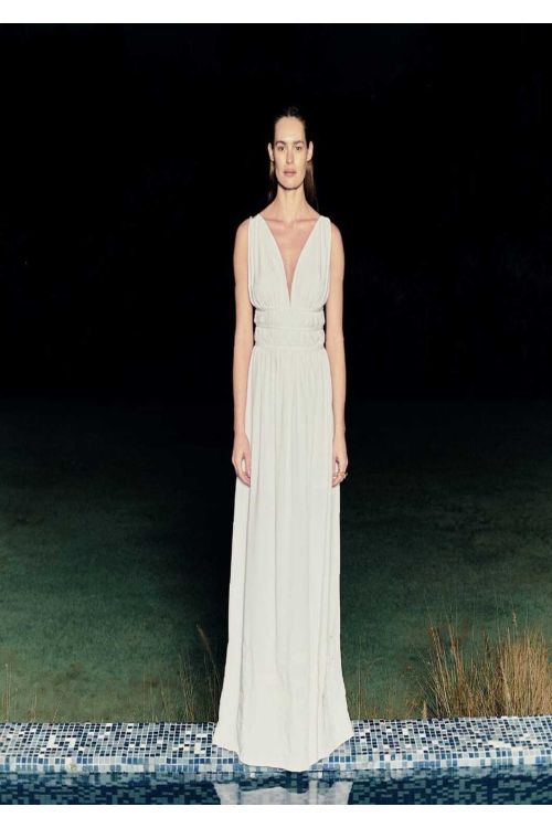VESTIDO MIDI FRANZIDO E BORDADOS OFFWHITE CORI